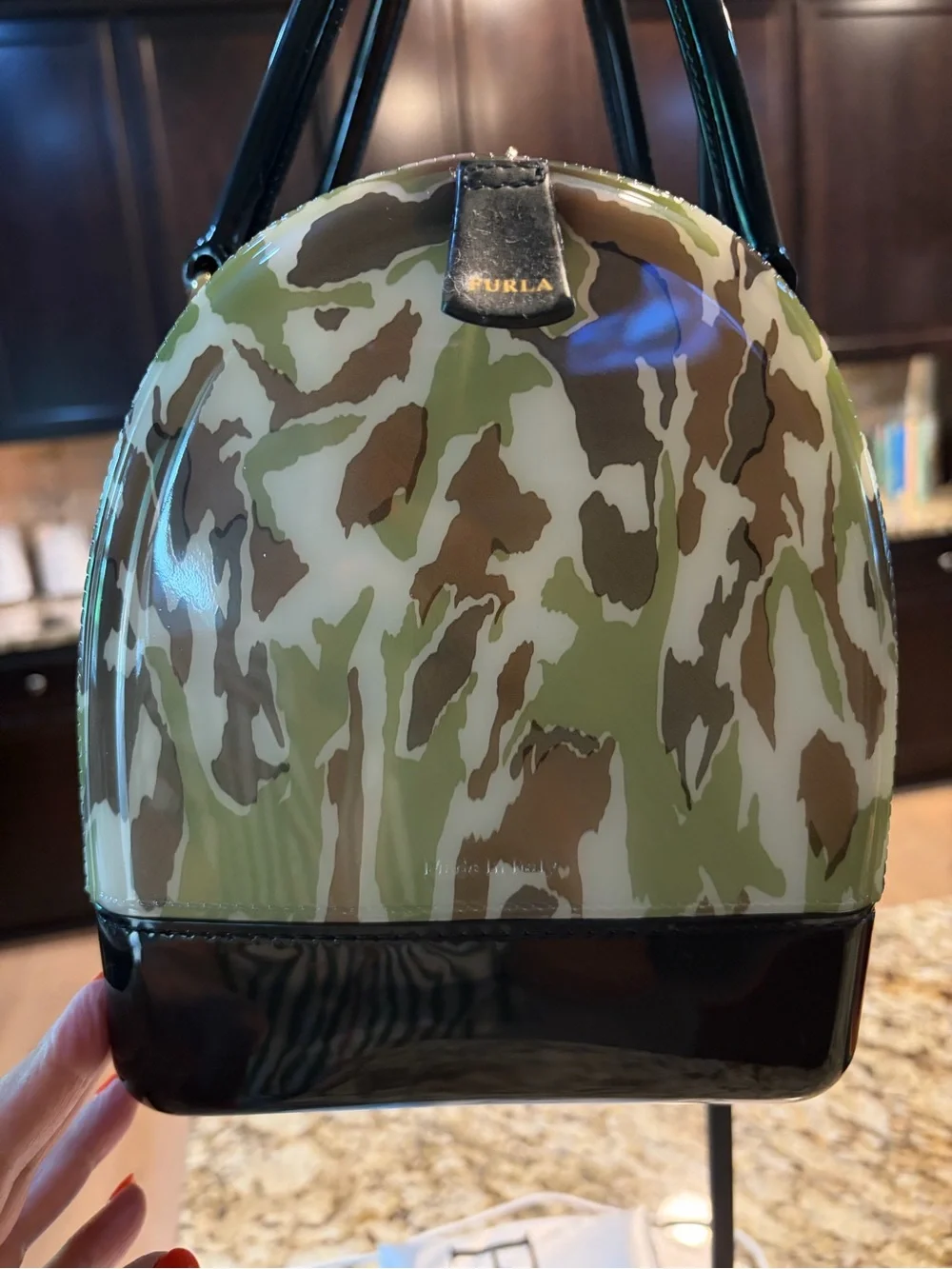 Furla Green, Brown & White Camo Patent Duffel camouflage